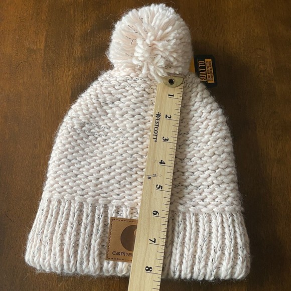 Carhartt Rib Knit Sherpa Lined  Pom Pom Beanie Hat Pink Salt One Size New - Picture 5 of 16